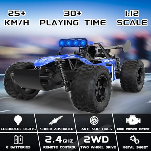 1:12 Scale RC Car for Boys Ages 3+, Fast Remote Control Monster Truck 2WD 25km/h Off-Road Toy, Alloy Shell, LED Lights, Great Gift for Kids & Beginners, 30 Minutes Play Time