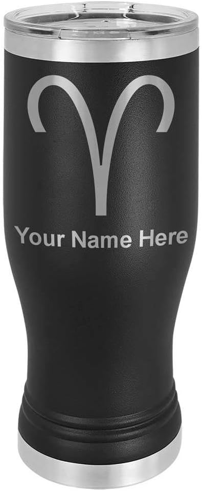 LaserGram 20oz Vacuum Insulated Pilsner Mug, Zodiac Sign Aries, Personalized Engraving Included (Black)