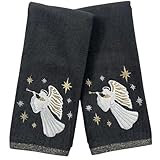 Serafina Home Holiday Christmas Hand Towel for Bathroom- Set of 2 Dark Gray Embroidered Angel with Stars Design - 16 x 25 Festive Bath & Kitchen Decor