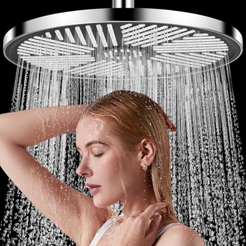 Rainfall Shower Head, Round Rain Shower Head10 Inch,Adjustable Replacement Showerhead with Swivel Ball, High Pressure Fixed Shower Head with self-Cleaning Mechanism Chrome Finish Universal Fittings