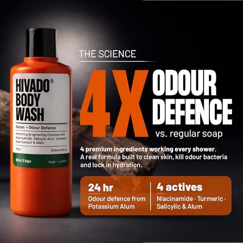 Image of HIVADO Men's De-Tan Body Wash 3x250ml | Tan Removal & Skin Brightening Shower Gel with Niacinamide & Turmeric | Controls Oil, Body Odour & Back Acne | Alum, Salicylic Acid & Lactic Acid Formula | Hydrating Cleanser | Sage & Leather Scent
