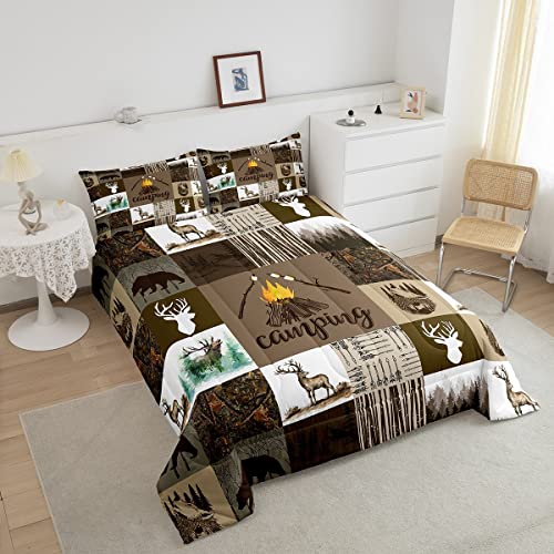 Spefrowx Camping Camper Quilt Comforter Queen For Teens Boys Adults,Rustic Farmhouse Style Bedding Set Bear Deer Wolf Comforter Set Wild Animal Patchwork Duvet Insert Arrows Trees Room Decor,Brown #TOP2