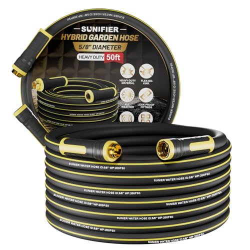 Sunifier Hybrid Rubber Garden Hose 5/8 Inch, 50 ft Heavy Duty Kink-Free Water Hose, 3-Layer Reinforced, 600 PSI Burst Pressure, Water Safe, All-Weather Flexible Hoses for Yard, Lawn (Black,50 ft)