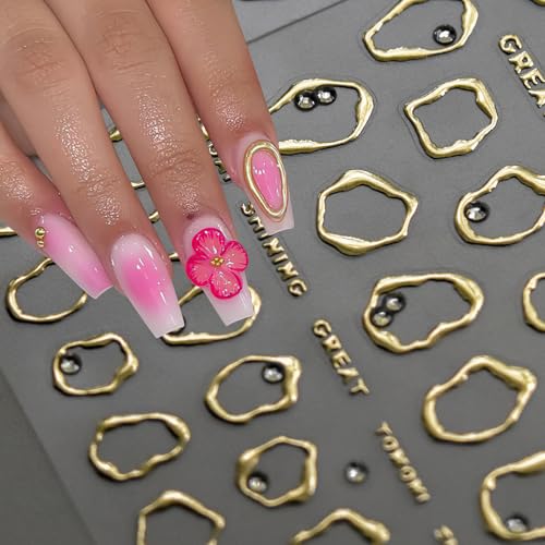 Jremg Gold Irregular Bronzing Nail Art Stickers Geometric Frame Nail Decals with Rhinestone Design 5D Embossed Nail Design Self Adhesive Metallic Nail Supplies for Women Girls Manicure