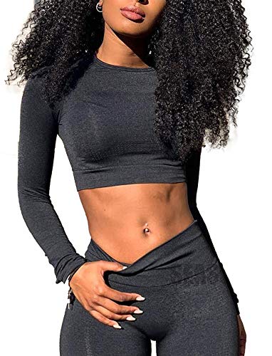 Women's Yoga Gym Crop Top Compression Workout Athletic Long Sleeve Shirt M