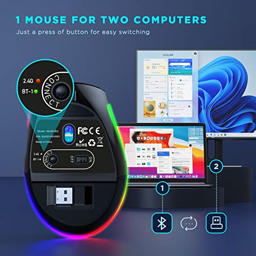Ergonomic Mouse Wireless - Led Wireless Mouse Rechargeable For Multi-Computers Via 2.4G Usb Receiver + Bt5.0 Connection, Bluetooth Mouse Ergonomic Shape Compatible For Windows And Mac Os - Black #TOP2