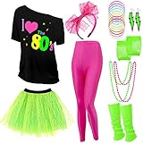 Vabean 19 Pcs 80s Costume Set T Shirt Leggings Tutu Skirt Headband Necklace Bracelets Earrings Gloves Leg Warmers for Women (Rose Red Leggings,Medium)