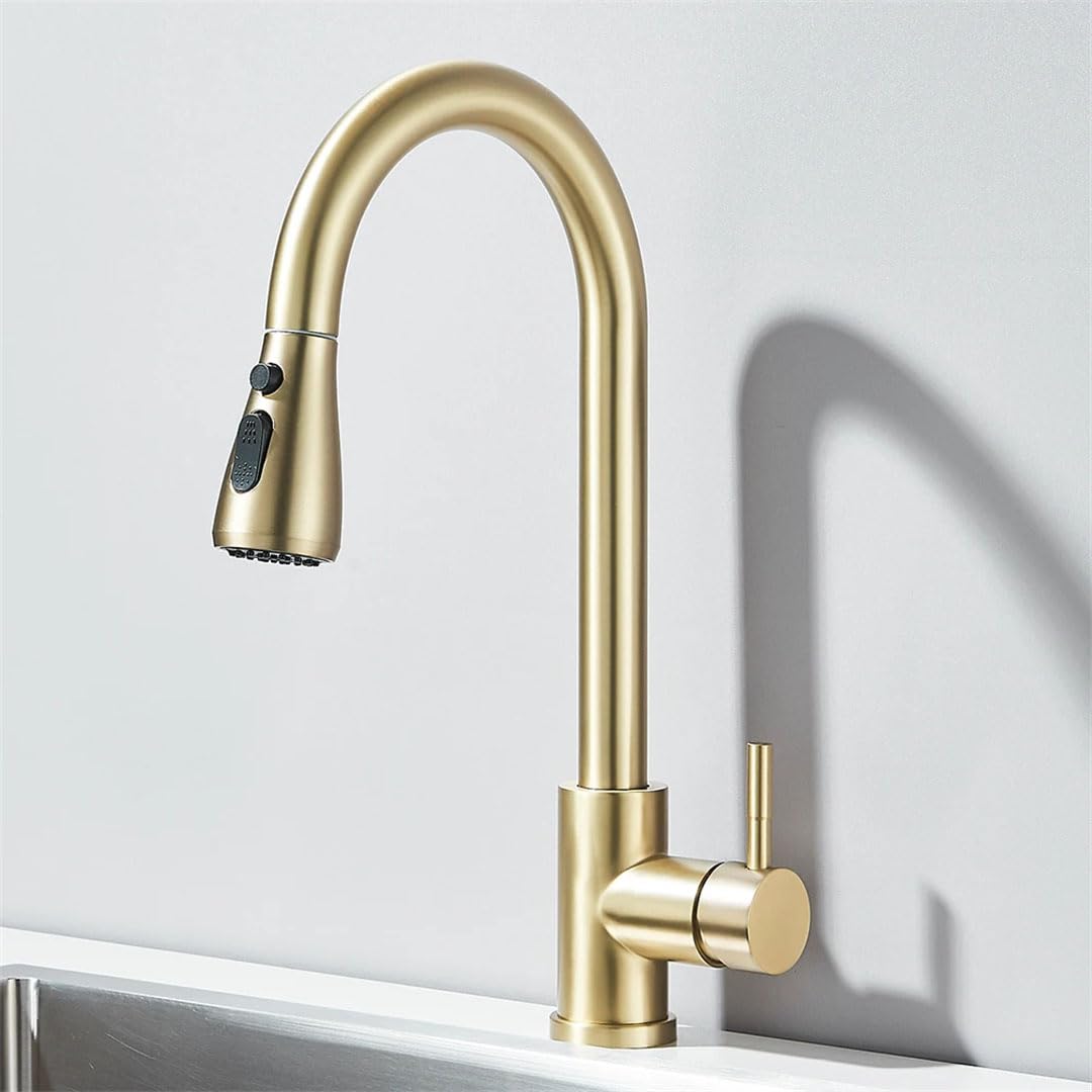 MXXQRHF 360Degree Swivel Kitchen Faucet with PullDown Sprayer Modern Hot & Cold Water Mixer Tap Easy Installation Kitchen Sink FixtureBrushed Gold Finish