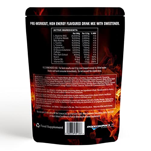 Boditronics RED Mist V4 375g Pre Workout Supplement with Citrulline Malate, Beta Alanine, Taurine, L-Arginine AKG, Creatine HCl, L-Tyrosine, Caffeine and Pine Bark Extract |Pre-Workout Powder