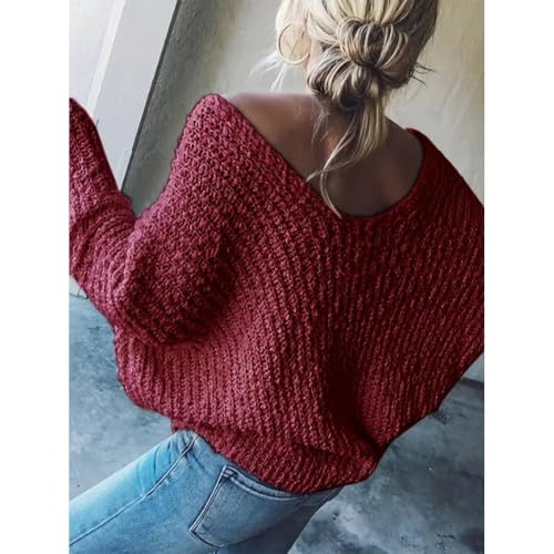 Women's Off-The-Shoulder Sweater Loose Lightweight Pullover Top V-Neck Hollow Knitted Long-Sleeved Solid Color Autumn 6