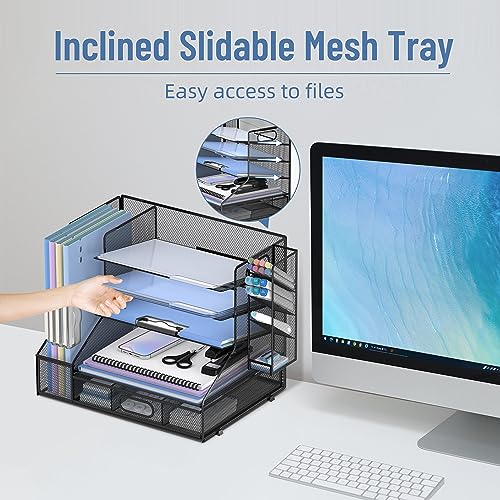 SUPEASY Desk Organizer with File Holder, 5-Tier Mesh Paper Letter Tray and 3 Tilted File Sorter for Office Supplies, Black image 2