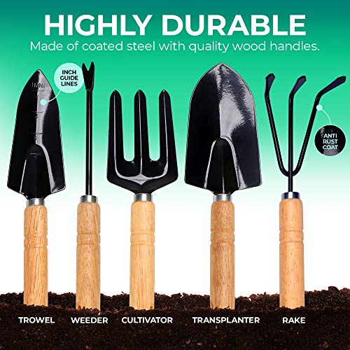 Scuddles Garden Tools Set - 8 Piece Heavy Duty Gardening Kit with Storage Organizer, Ergonomic Hand Digging Weeder Rake Shovel Trowel Sprayer Gloves Gift for Men Or Women