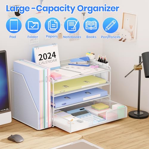 Image of OPNICE Desk Organizer, 4-Tier Desktop File Organizer with Drawer and Pen Holders, Office Desk Accessories, File Sorters, Workspace Organizers for Office Supplies(White)