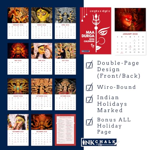 Image of 12 inchx9 inch Goddess Durga Wall Calendar 2026 | HD Durga Photos | Bold Grid Dates | Indian Festivals | Wiro-Bound | Matte Laminated