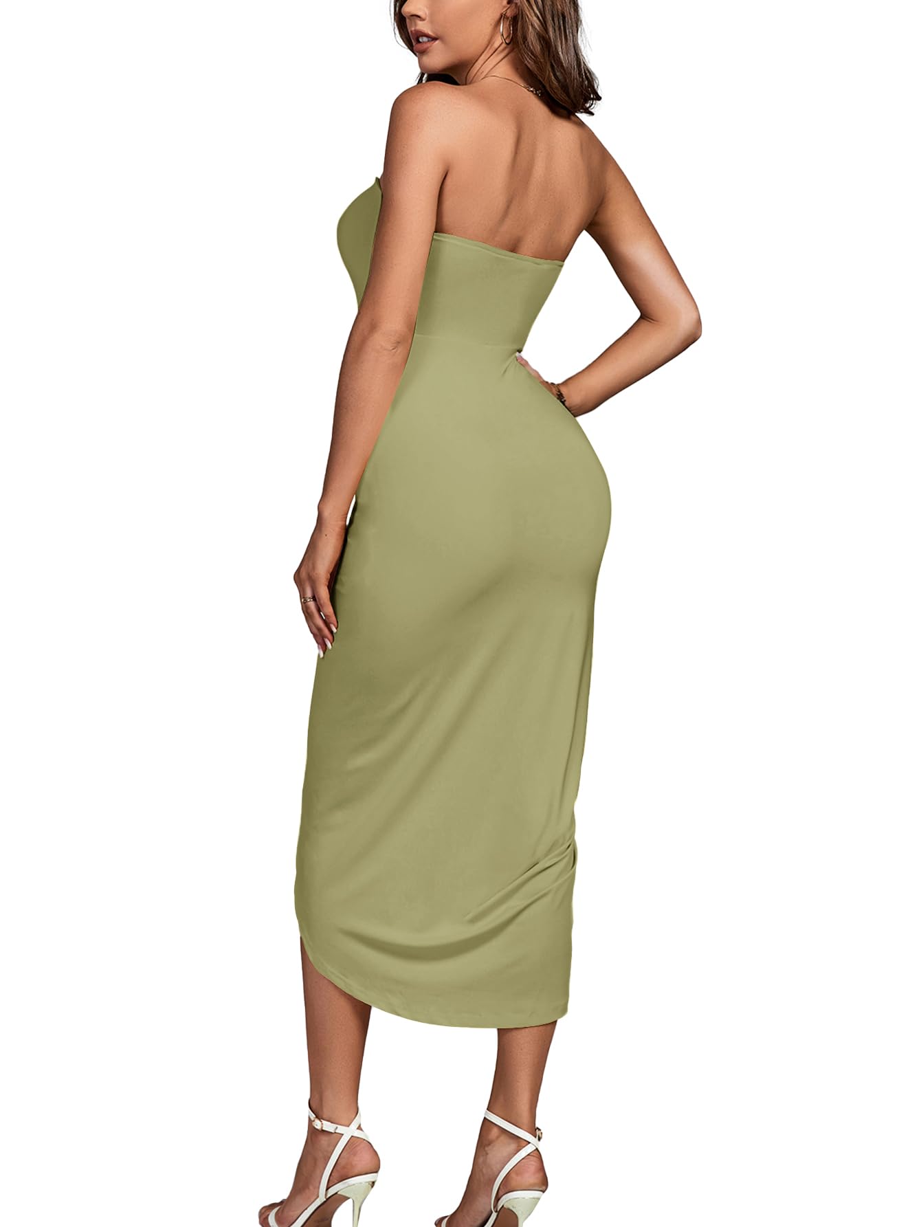 Umenlele Robe longue asymétrique sans bretelles froncée taille haute pour femme