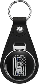 If My Dog Can Smell You - Danger Shepherd Thin Blue Line Leather Keychain Stainless Steel Ring for Keys, Bags, or Backpacks