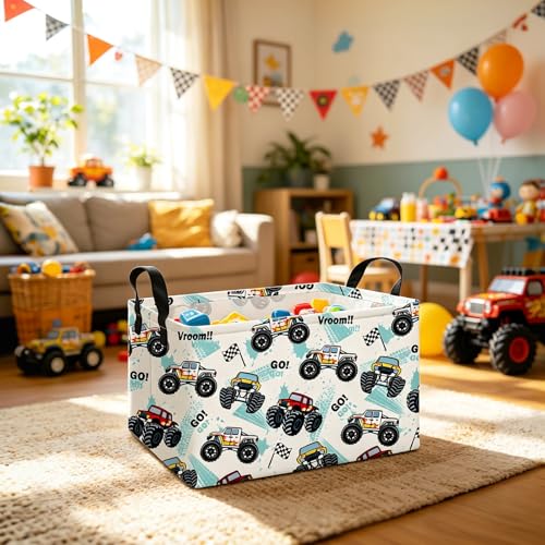 Image of Rectangular Monster Truck Storage Basket | Fabric Organizer Bin for Books,Clothes,Gifts,Pets-Perfect for Home,Office,Nursery,Dorm,Shelf(Rec-Truck )