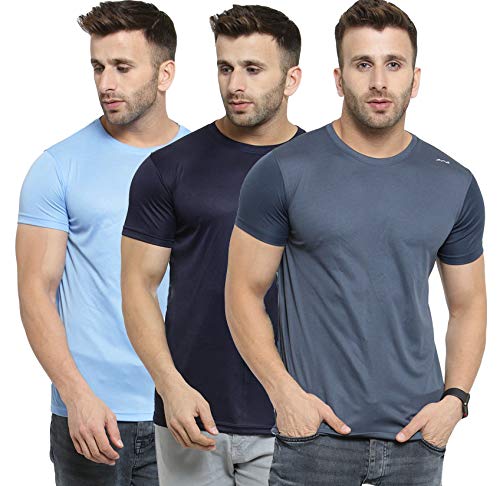Image of JOSH DANIEL Men's Solid Micro Polyester Dry-fit Half Sleeve Round Neck T-Shirt (Dark Grey, Navy Blue and Skyblue) -Combo Pack of 3