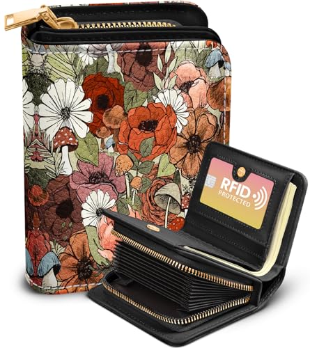 Image of Bistup Leather 12 Slot Accordion Card Holder Wallet, Floral Mushroom | Accordion Storage, Zipper Around Closure, Compact Patterned Wallet for IDs, Cards, Cash, Daily Carry and Gifts