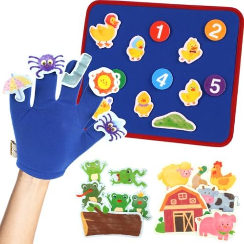 CHEFAN Felt Board for Toddlers, Finger Puppets Includes Itsy Bitsy Spider, 5 Little Ducks & More, Flannel Board for Preschool Learning Activities, Interactive Storytelling Set with Gloves (4 Sets)