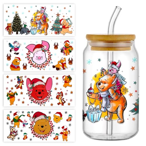 4Sheets Christmas Cartoon UV DTF Cup Wrap Transfer Stickers for 16oz Glass Cups Rub on Transfers for Crafts Cup Decal Stickers (A)