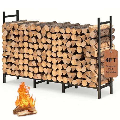 4FT Firewood Rack Indoor Outdoor, Heavy Duty Log Holder Stand for Fireplace, Adjustable Wood Storage Organizer with Weather-Resistant Tubular Steel, Cradle for Kindling & Stacking Logs