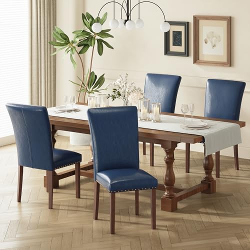 Image of COLAMY Upholstered Parsons Dining Chairs Set of 4, PU Leather Dining Room Kitchen Side Chair with Nailhead Trim and Wood Legs - Blue