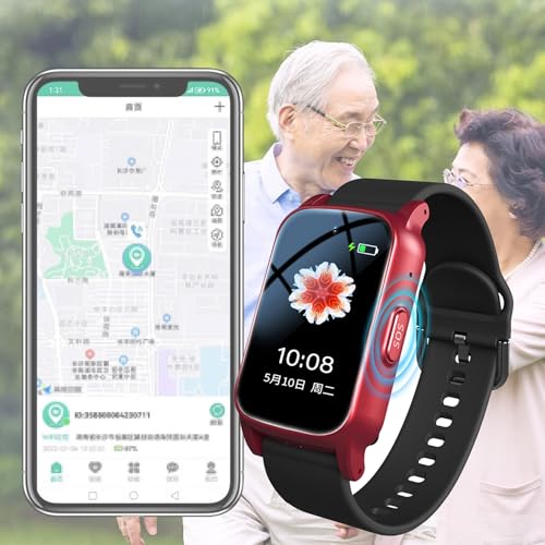 Weyot Bracelet Alarme Personne Âgée, Montre Connectée GPS avec Bouton d'urgence SOS, Détection De Chute, Appel Vocal HD Et Étanche, pour La Démence Alzheimer,Red