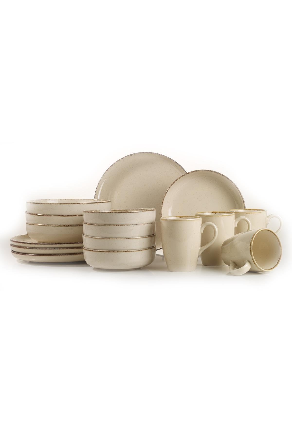 Elegante juego de cena de 16 piezas, 100% porcelana, color crema, incluye 4 platos de servicio (24 cm), platos (20 cm), cuencos (15 cm), tazas | apto para lavavajillas y microondas
