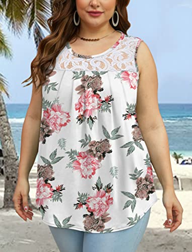 Image of Saloogoe Summer Tank Tops for Women Loose Fit Pleated Tunics Scoop Neck Sleeveless Lace Tops Curved Hem Flowy