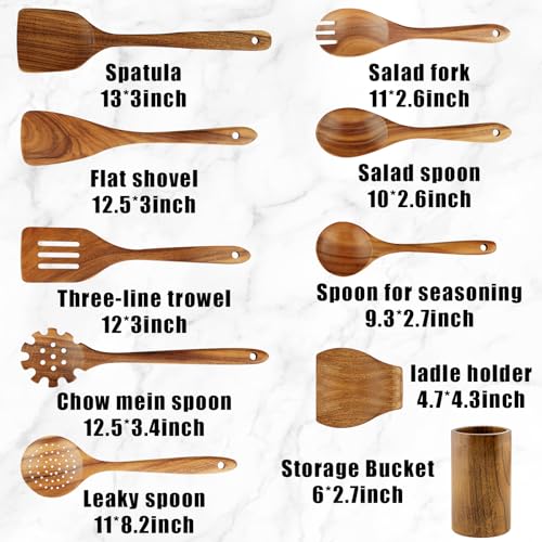 Image of FJNATINH Wooden Spoons for Cooking, 10 Pcs Teak Wooden Cooking Utensil Set with Holder, Wooden Kitchen Utensils Set for Nonstick Pans & Cookware