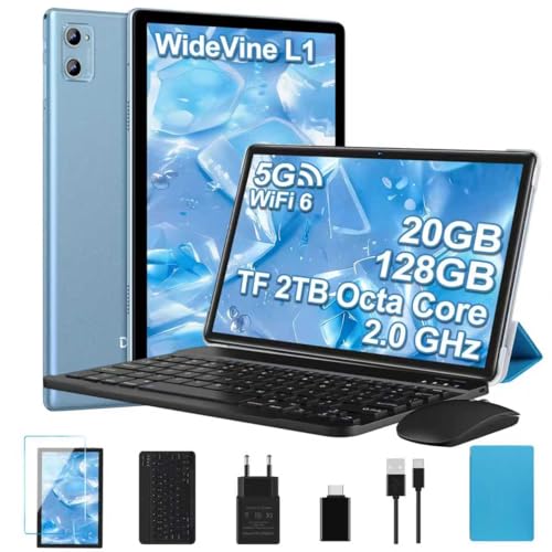 2025 Neueste Tablet 10 Zoll Android 14 Tablets, 20GB RAM+128GB ROM/TF 2TB, WLAN 6, 5G+2.4G WLAN,8-Core,WideVine L1,1280*800 FHD IPS,6000mAh,8MP+5MP,BT5.0,GMS Tablet Mit Tastatur und Maus - Blau