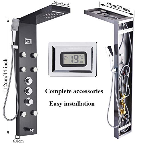 Juego de Ducha Termostática para Baño, Columna de Ducha Negra con Cabezal Lluvia y Cascada, Panel de Ducha con Control Digital de Temperatura y 5 Funciones miniatura 6