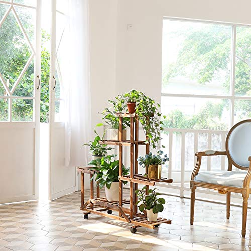 Unho Plant Stand With Wheels: 6 Tiered Wooden Shelf Rolling Storage Rack Holder For Patio Garden Livingroom Balcony Yard Indoor Outdoor Display Potted Flowers Succulents Herbs #TOP5