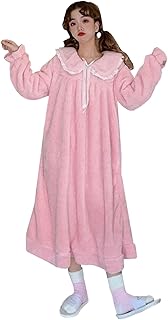 [LQINGBZ] ネグリジェ パジャマ レディース ルームウェア 姫系 ワンピース ロング ルームワンピ かわいい ふわふわ もこもこ ボア 厚手 暖かい 長袖 カジュアル 裏起毛 かわいい 部屋着 冬