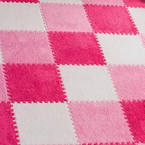 Typutomi 12pcs Plush Puzzle Foam Floor Mat, Cute Soft Fluffy Interlocking Square Foam Tiles Area Rugs Carpet for Parlor Bedroom Decoration(11.8x11.8x0.4in, Rose Red&Pink&White)