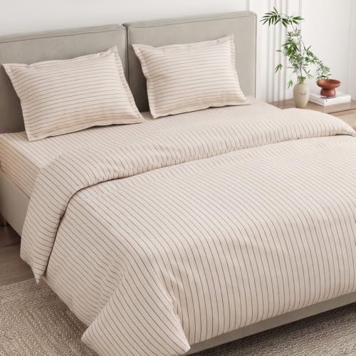 Image of Haus & Kinder Double Bed Bedsheet 90 x 100 | 186 TC Pure Cotton Bed Sheet Double Bed with 2 Pillow Covers | Queen Size Bed Sheet | Sumi Stripe Ink