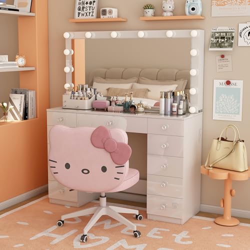 wanan Vanity Desk with Power Outlet, Makeup Vanity with Mirror and 14 LED Light, 3 Lighting Modes,11 Drawer Vanity Table with Sliding Jewelry Storage, Glass Top, Specular Surface, White