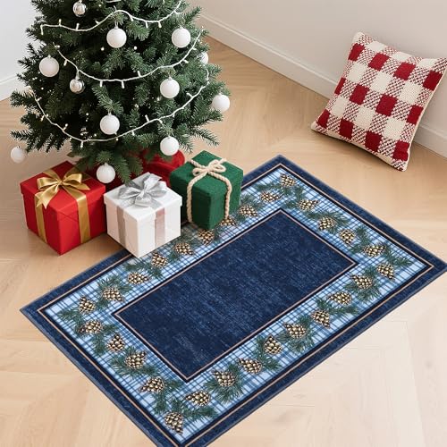 RUGSREAL クリスマスドアマット 2x3 玄関ラグ 滑り止め裏地付き Xmas パインコーン 屋内マット 汚れ防止 洗えるラグ キッチン バスルーム用 ブルー [2]