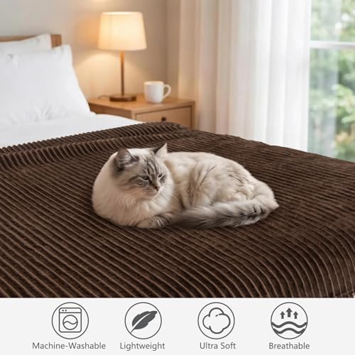 Vessia Flannel Fleece Throw Blanket, 300GSM Cozy Brown Stripe Throw for Couch, Sofa and Bed, Warm and Soft Chocolate Microfiber Ribbed Blanket for All Season by Vessia - Used condition - Image 3