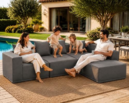 Daneey Outdoor Couch No Assembly Patio Sectional Couch, Boneless Patio Furniture Set with Pillows, 4-Piece Outdoor Modular Foam Sofa Deep Seating Boneless Lounge Furniture for Backyard, Deck, Garden