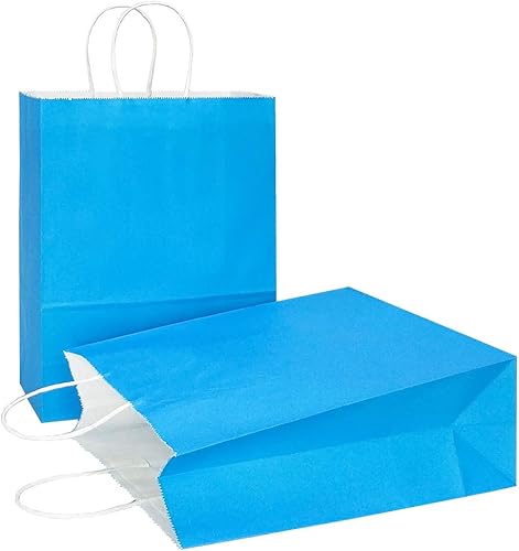 Vista 32 de AZOWA Bolsas de regalo de papel Kraft con manijas, suministros para fiestas, Celeste (Baby Blue), XS Azul bebé,Azul,Pasto verde,Rosa