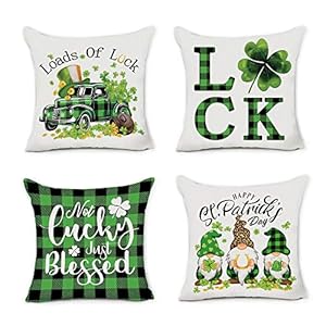 Hexagram St Patricks Day Pillow Covers 18 x 18, Green Buffalo Plaid Truck Shamrock Throw Pillow Covers Set of 4, Patricks Decorations Linen Pillow Covers for Living Room Couch Patio Indoor Outdoor
