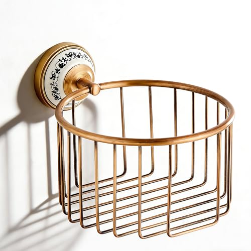 Image of Bathroom Storage, NEWRAIN Wall Mounted Toilet Roll Holder Basket, Antique Brass Toilet Paper Storage Rack, Vintage Bathroom Organizers