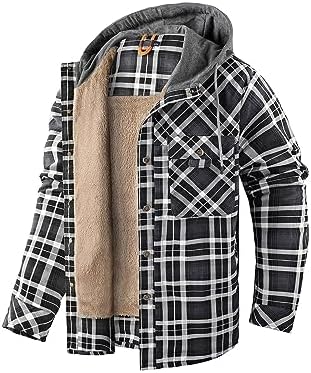 Mr.Stream Men’s Hooded Coat Casual Thicken Long Sleeve Plaid Work Flannel Button Down Shirt Jacket
