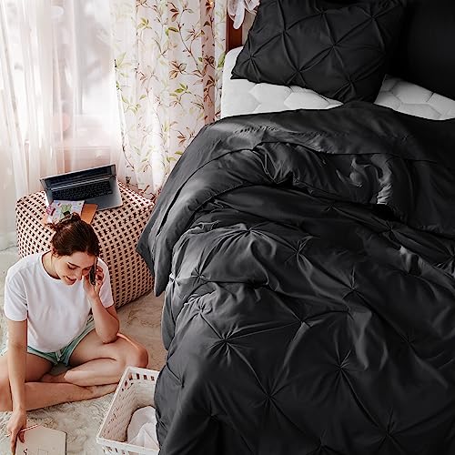 Image of Bedsure Twin Comforter Set Black - Bed in a Bag Twin Size Bedding 5 Pieces, GentleSoft Pintuck Bed Set Gift for Family, All Season Down Alternative Comforter with Sheets, Pillowcase & Sham