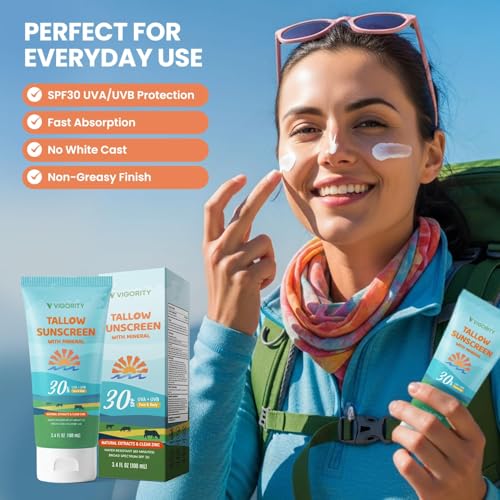 Image of Vigority Tallow Sunscreen SPF 30 for Face & Body - Natural Grass-Fed Beef Tallow, Non-Nano Zinc Oxide - Moisturizing Mineral Sunblock, Non-Greasy & Non-Toxic, Reef Safe for Adults & Kids (3.4 oz)