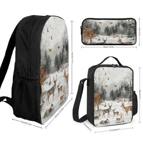 3 Piece Backpack for Women Men Lightweight Causal Daypack Shoulder Bag Set with Insulated Lunch Bag And Pencil Case Organizers Animals And Trees2