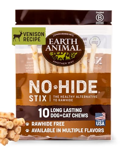 Earth Animal No Hide Stix - Long Lasting Rawhide Free Small Dog Chews Sticks, Venison - 10 Count