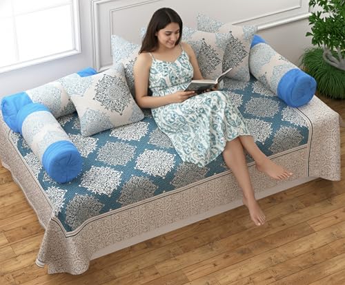 Image of FRESH FROM LOOM Cotton Reversible Diwan Set Blue - 1 Single Bedsheet with 2 Bolster Covers and 5 Cushion Covers (8pc Set)